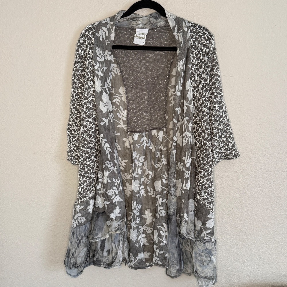 Whimsigoth Fairy Grunge Womens Small Gray Floral Crochet Artsy Cardigan Indie